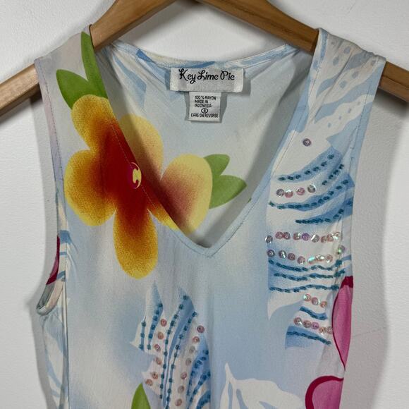 Key Lime Pie Dress Women S Blue Floral Fish Tank Midi Y2K Sequin Tropical Spring - Picture 3 of 8